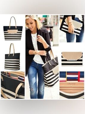 Stella & Dot Hudson Tote & Clutch– Black & Cream Striped